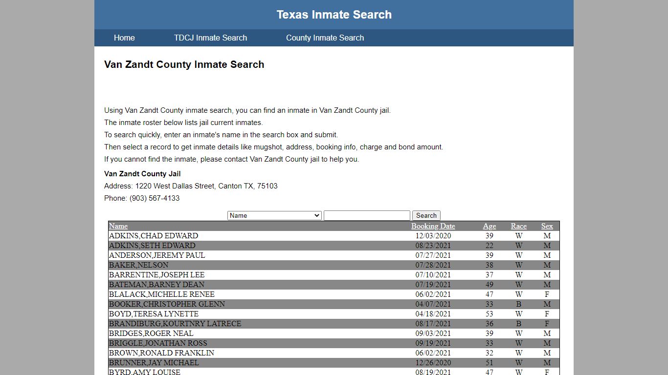 Van Zandt County Jail Inmate Search